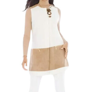 Chico's Long Wool Vest Ivory Brown Faux Suede Western Boho Cabin Sz 1 /US Medium